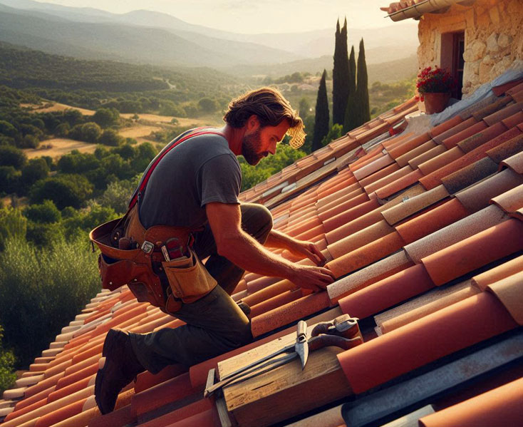 Lucas Naveri, artisan couvreur, en intervention sur une toiture dans le Vaucluse